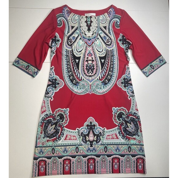 Sandra Darren Women's Red Multicolor Paisley 3/4 Sleeve Shift Dress Size 6 - Picture 4 of 10